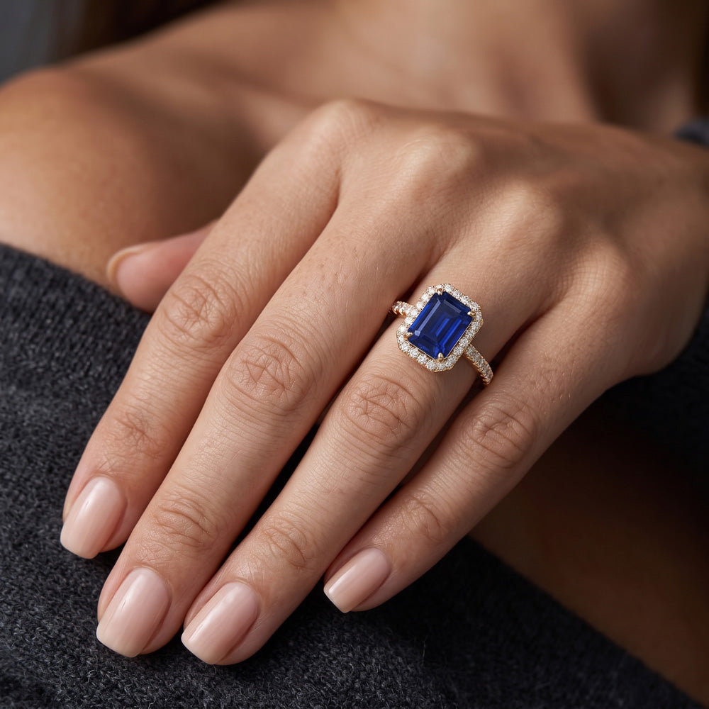 Natural Real ( Not Lab Grown )  Women's Halo Ring Emerald Cut Ceylon Sapphire With Accents 3.50 Carats