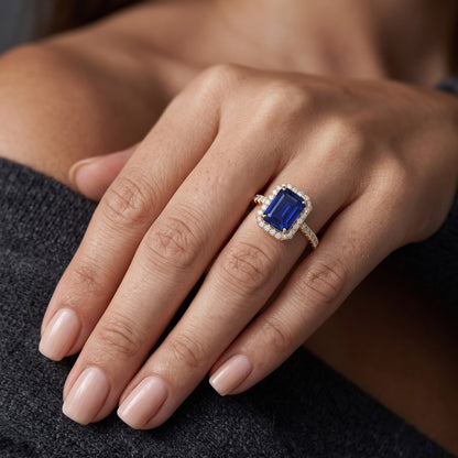 Natural Real ( Not Lab Grown )  Women's Halo Ring Emerald Cut Ceylon Sapphire With Accents 3.50 Carats