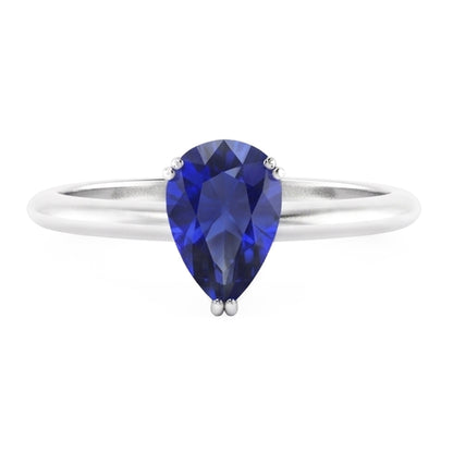 Natural Real ( Not Lab Grown )  Women's Solitaire Pear Blue Sapphire Ring 1 Carat Double Prong Set