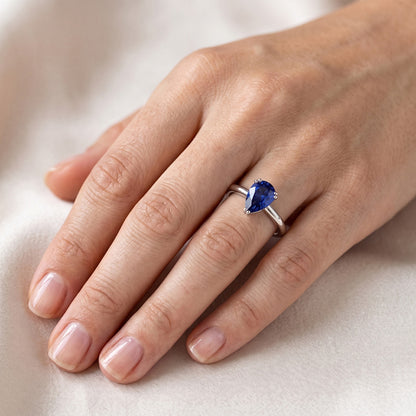 Natural Real ( Not Lab Grown )  Women's Solitaire Pear Blue Sapphire Ring 1 Carat Double Prong Set