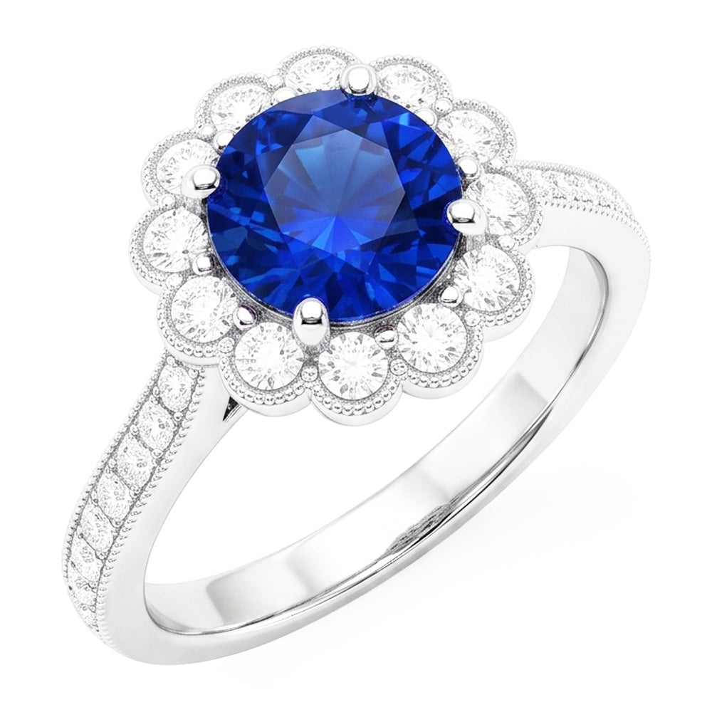 Natural Real ( Not Lab Grown )  Womens Halo Flower Style Blue Sapphire Ring 3 Carats Cathedral Setting