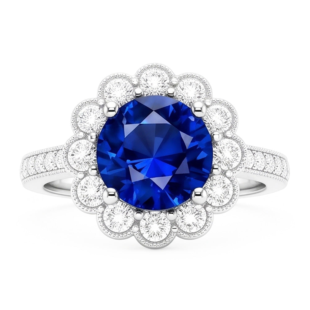 Natural Real ( Not Lab Grown )  Womens Halo Flower Style Blue Sapphire Ring 3 Carats Cathedral Setting