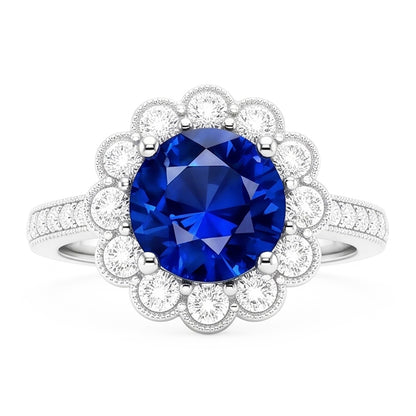Natural Real ( Not Lab Grown )  Womens Halo Flower Style Blue Sapphire Ring 3 Carats Cathedral Setting