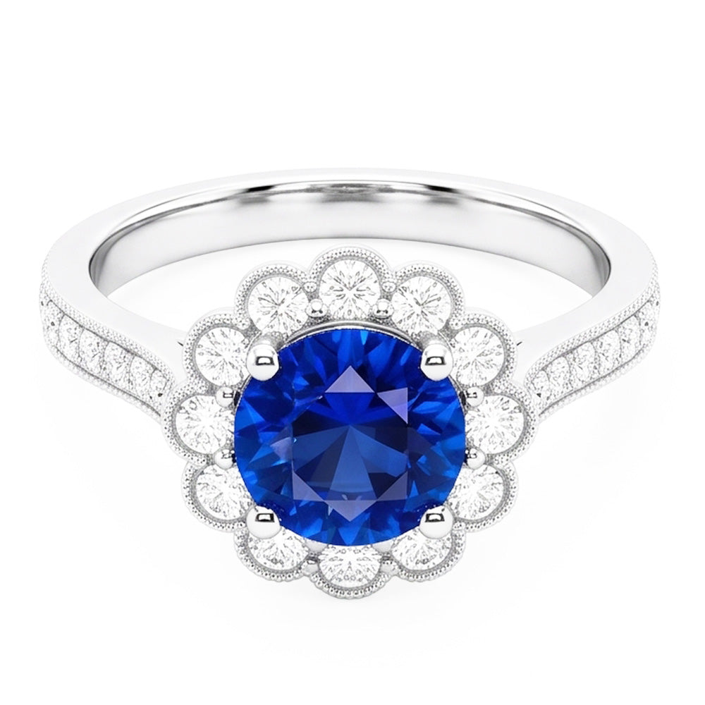 Natural Real ( Not Lab Grown )  Womens Halo Flower Style Blue Sapphire Ring 3 Carats Cathedral Setting