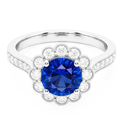 Natural Real ( Not Lab Grown )  Womens Halo Flower Style Blue Sapphire Ring 3 Carats Cathedral Setting