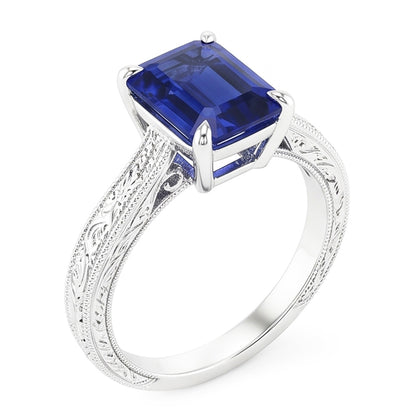 Natural Real ( Not Lab Grown )  Womens Solitaire Ring Emerald Blue Sapphire Filigree Shank 2.50 Carats