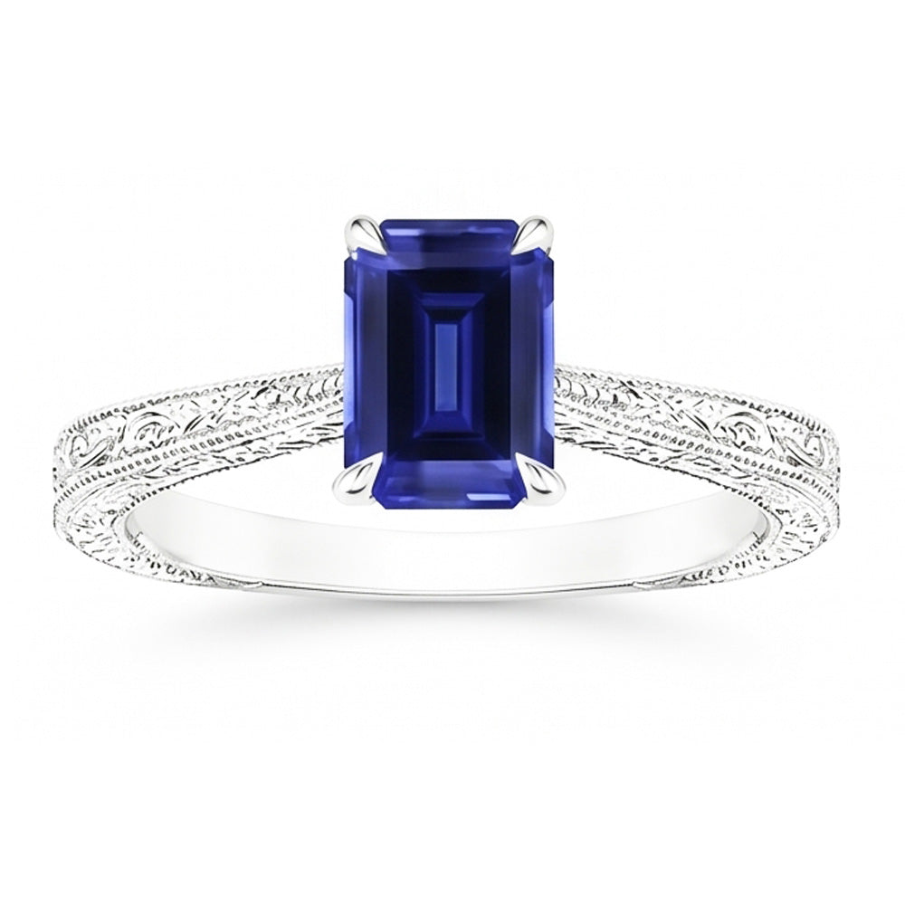 Natural Real ( Not Lab Grown )  Womens Solitaire Ring Emerald Blue Sapphire Filigree Shank 2.50 Carats