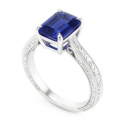 Natural Real ( Not Lab Grown )  Womens Solitaire Ring Emerald Blue Sapphire Filigree Shank 2.50 Carats