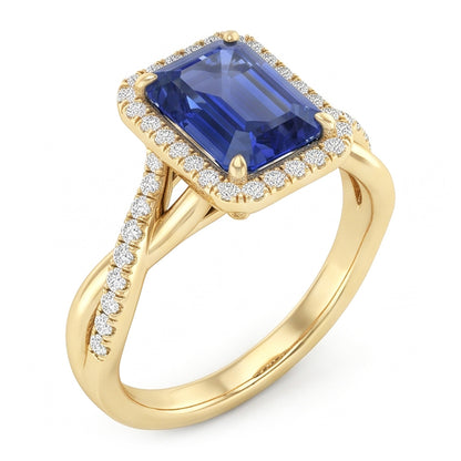 Natural Real ( Not Lab Grown )  Yellow Gold Halo Ring Emerald Shaped Sri Lankan Sapphire 3 Carats