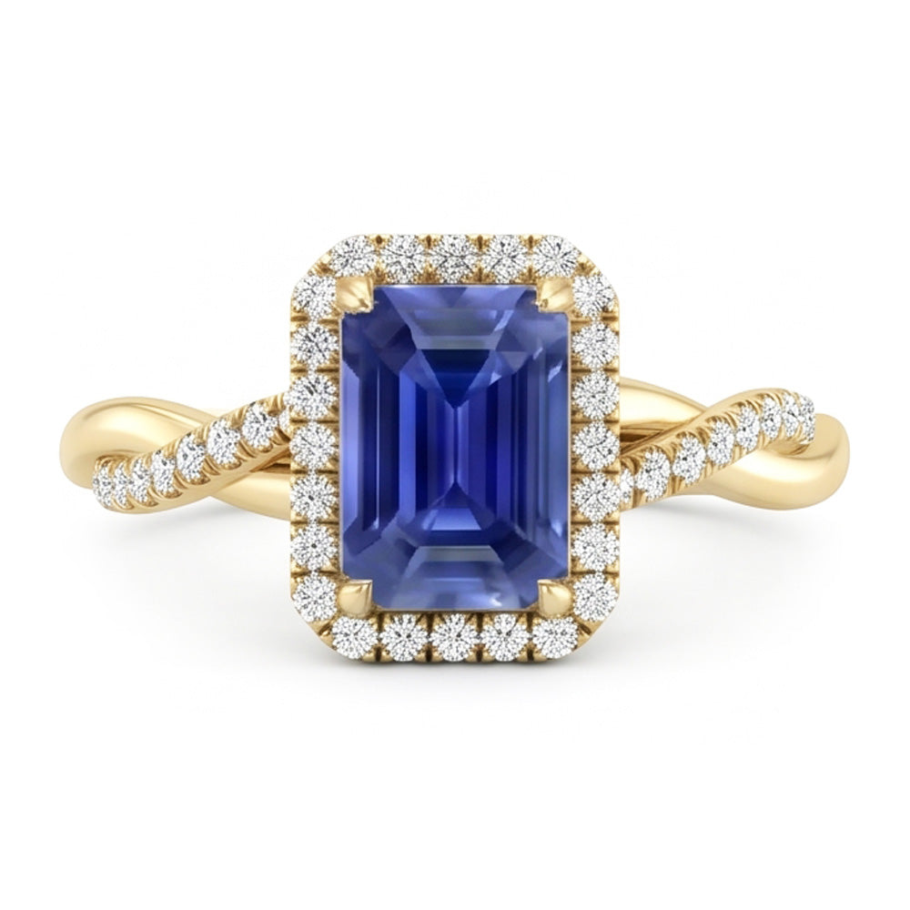 Natural Real ( Not Lab Grown )  Yellow Gold Halo Ring Emerald Shaped Sri Lankan Sapphire 3 Carats