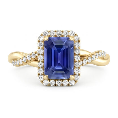 Natural Real ( Not Lab Grown )  Yellow Gold Halo Ring Emerald Shaped Sri Lankan Sapphire 3 Carats