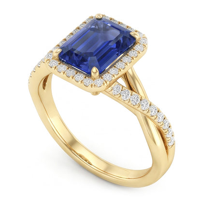 Natural Real ( Not Lab Grown )  Yellow Gold Halo Ring Emerald Shaped Sri Lankan Sapphire 3 Carats