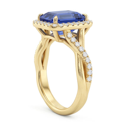 Natural Real ( Not Lab Grown )  Yellow Gold Halo Ring Emerald Shaped Sri Lankan Sapphire 3 Carats