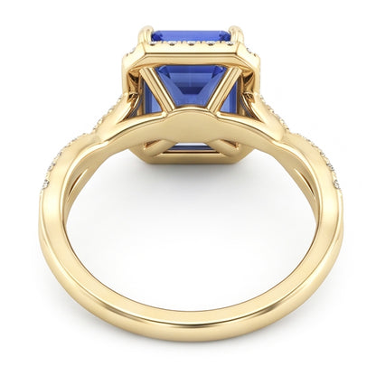 Natural Real ( Not Lab Grown )  Yellow Gold Halo Ring Emerald Shaped Sri Lankan Sapphire 3 Carats