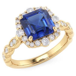 Natural Real ( Not Lab Grown )  Yellow Gold Halo Ring Flower Style Asscher Blue Sapphire 4.50 Carats