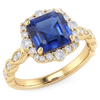 Natural Real ( Not Lab Grown )  Yellow Gold Halo Ring Flower Style Asscher Blue Sapphire 4.50 Carats