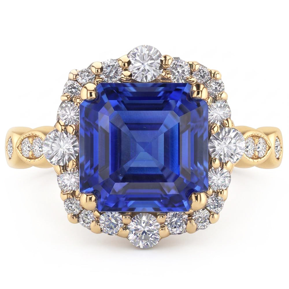 Natural Real ( Not Lab Grown )  Yellow Gold Halo Ring Flower Style Asscher Blue Sapphire 4.50 Carats