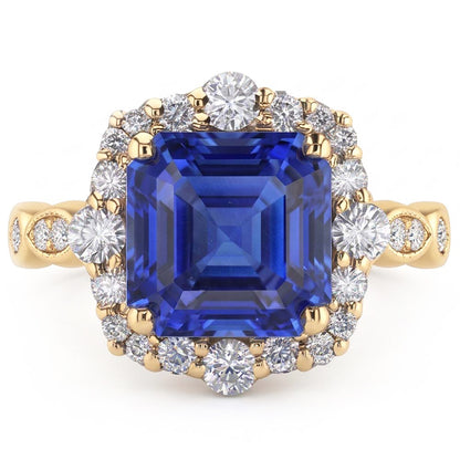 Natural Real ( Not Lab Grown )  Yellow Gold Halo Ring Flower Style Asscher Blue Sapphire 4.50 Carats