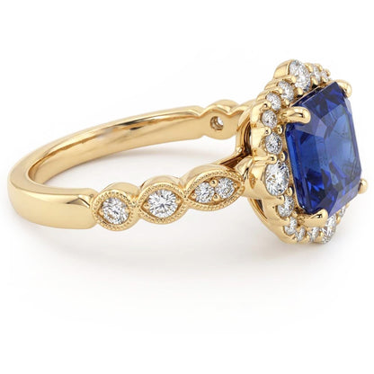 Natural Real ( Not Lab Grown )  Yellow Gold Halo Ring Flower Style Asscher Blue Sapphire 4.50 Carats