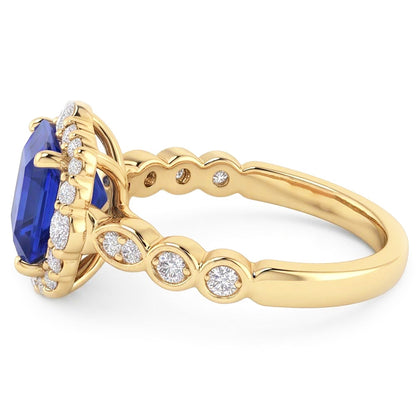 Natural Real ( Not Lab Grown )  Yellow Gold Halo Ring Flower Style Asscher Blue Sapphire 4.50 Carats