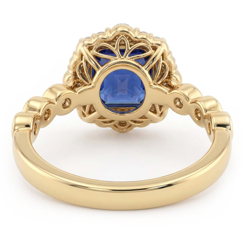 Natural Real ( Not Lab Grown )  Yellow Gold Halo Ring Flower Style Asscher Blue Sapphire 4.50 Carats