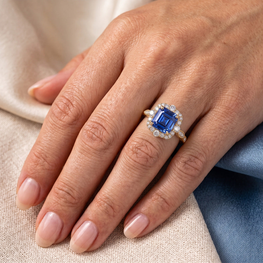 Natural Real ( Not Lab Grown )  Yellow Gold Halo Ring Flower Style Asscher Blue Sapphire 4.50 Carats