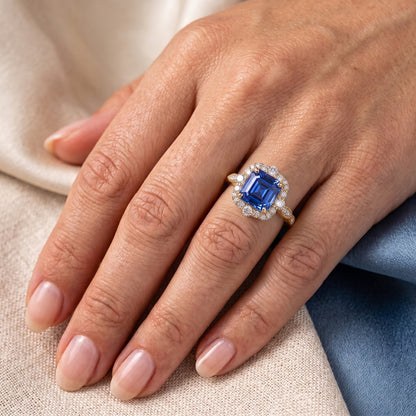 Natural Real ( Not Lab Grown )  Yellow Gold Halo Ring Flower Style Asscher Blue Sapphire 4.50 Carats