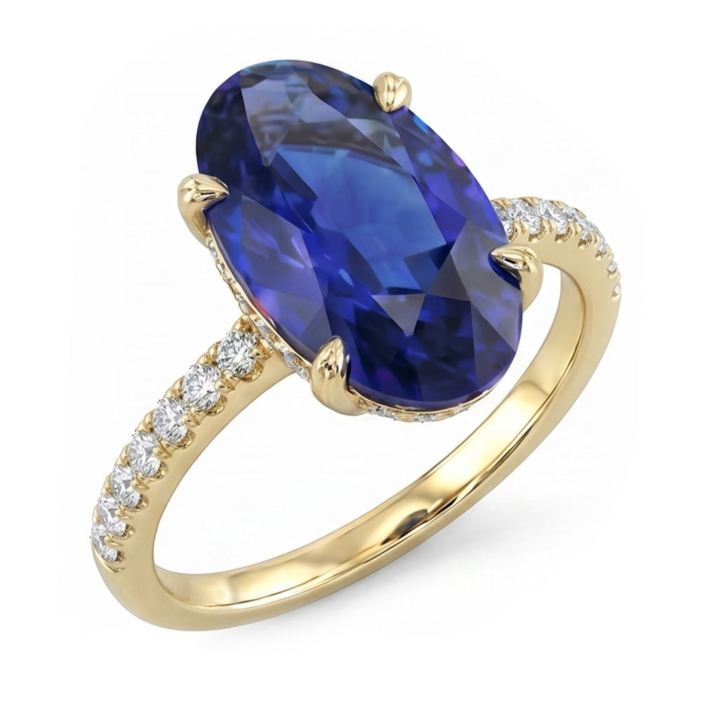Natural Real ( Not Lab Grown )  Yellow Gold Solitaire Oval Blue Sapphire Ring With Accents 4 Carats