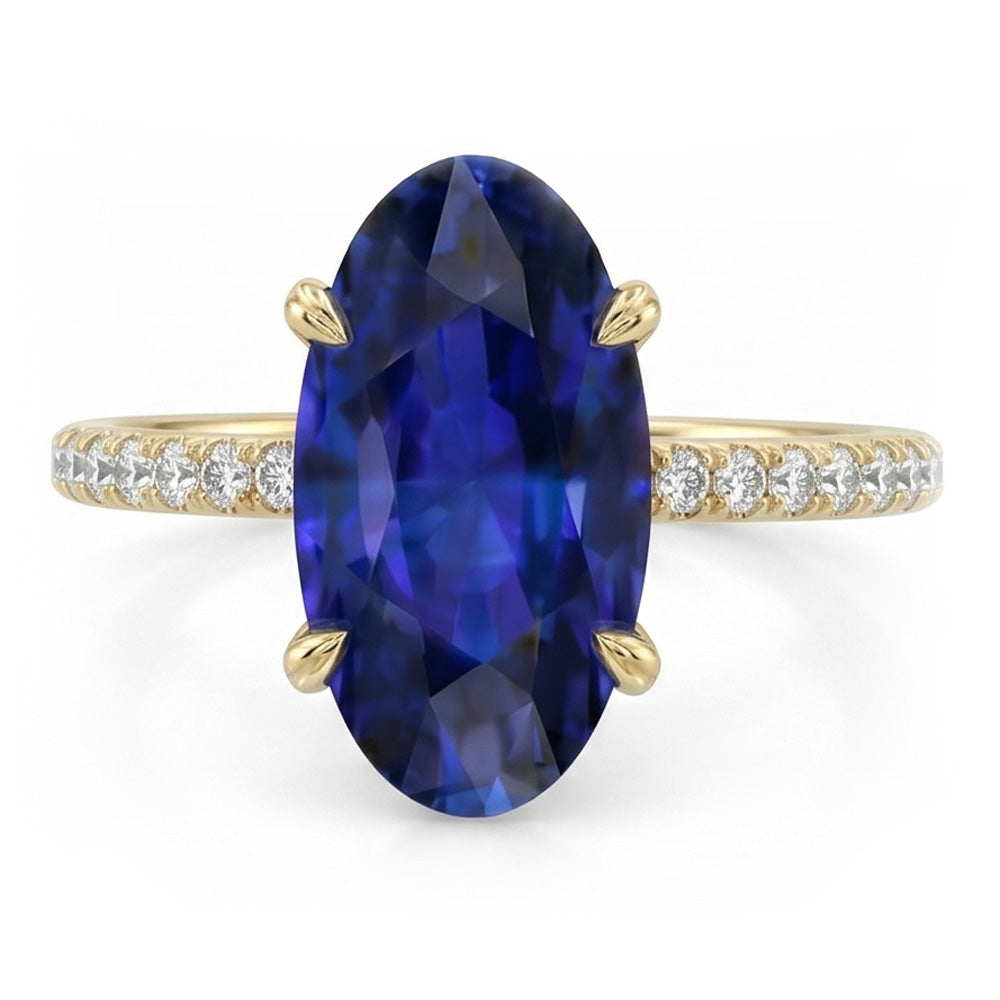 Natural Real ( Not Lab Grown )  Yellow Gold Solitaire Oval Blue Sapphire Ring With Accents 4 Carats