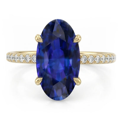 Natural Real ( Not Lab Grown )  Yellow Gold Solitaire Oval Blue Sapphire Ring With Accents 4 Carats