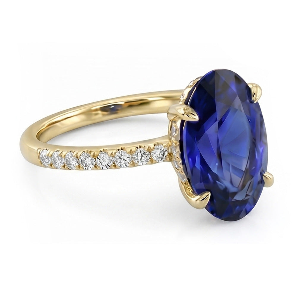 Natural Real ( Not Lab Grown )  Yellow Gold Solitaire Oval Blue Sapphire Ring With Accents 4 Carats