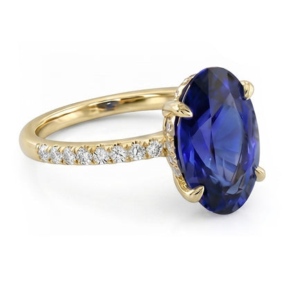 Natural Real ( Not Lab Grown )  Yellow Gold Solitaire Oval Blue Sapphire Ring With Accents 4 Carats