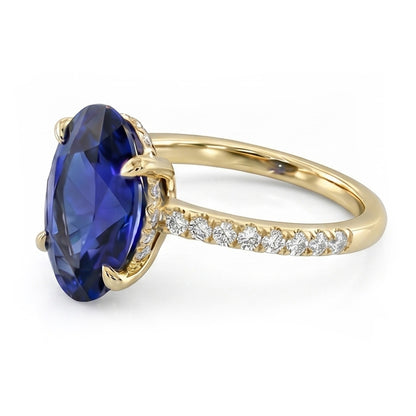Natural Real ( Not Lab Grown )  Yellow Gold Solitaire Oval Blue Sapphire Ring With Accents 4 Carats