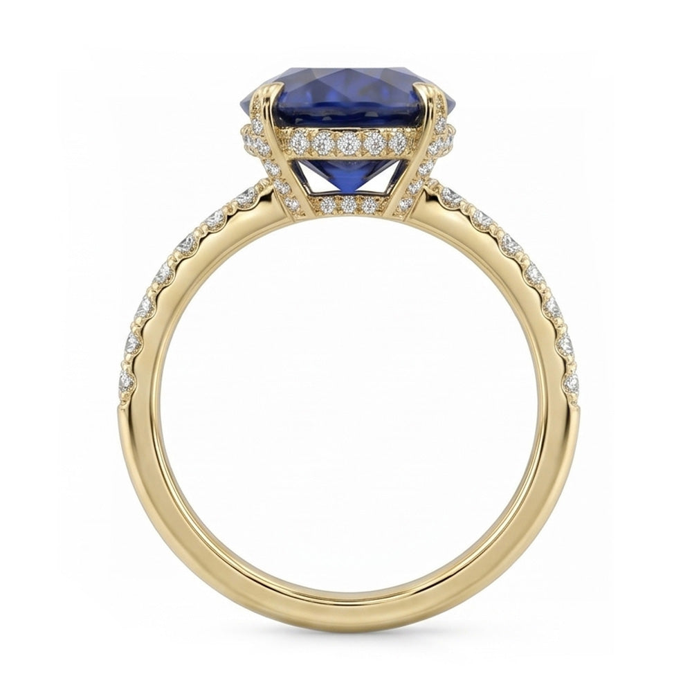 Natural Real ( Not Lab Grown )  Yellow Gold Solitaire Oval Blue Sapphire Ring With Accents 4 Carats