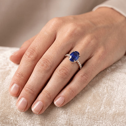 Natural Real ( Not Lab Grown )  Yellow Gold Solitaire Oval Blue Sapphire Ring With Accents 4 Carats