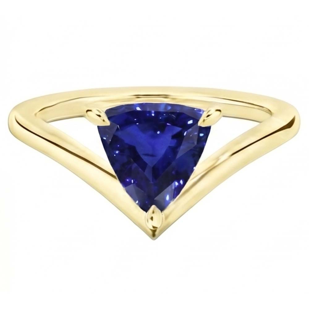 Natural Real ( Not Lab Grown )  Yellow Gold Solitaire Ring Trillion Sapphire 1.50 Carats Prong Set