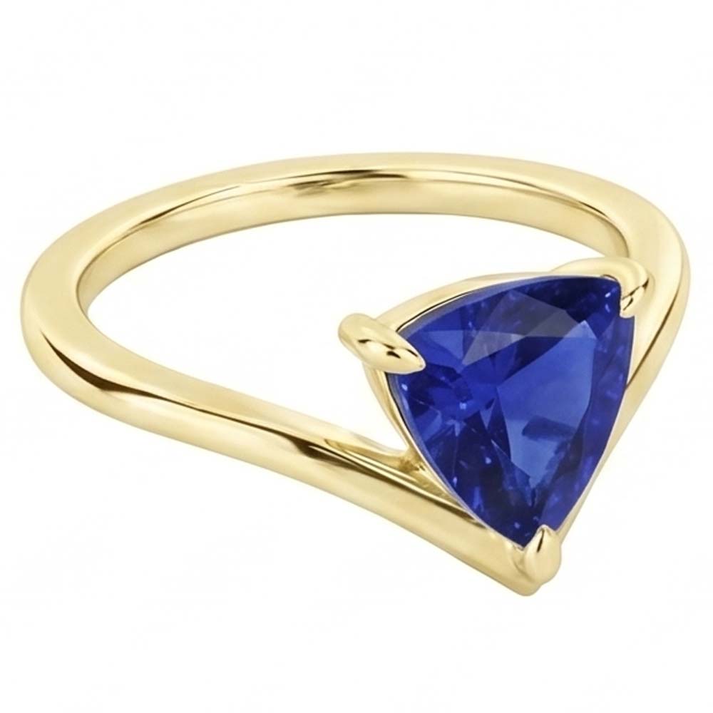 Natural Real ( Not Lab Grown )  Yellow Gold Solitaire Ring Trillion Sapphire 1.50 Carats Prong Set