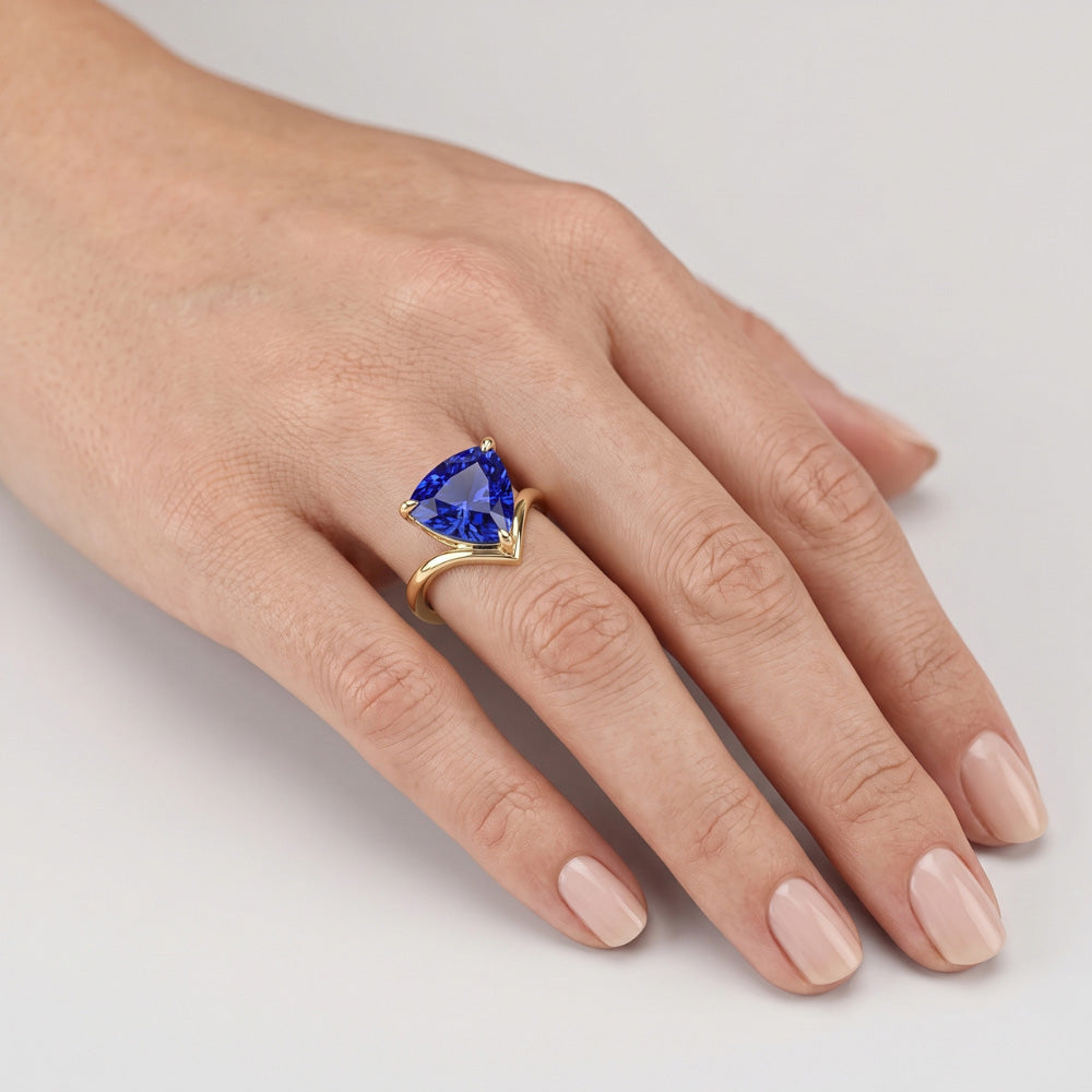 Natural Real ( Not Lab Grown )  Yellow Gold Solitaire Ring Trillion Sapphire 1.50 Carats Prong Set