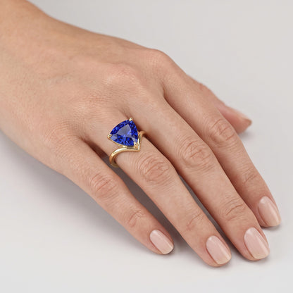 Natural Real ( Not Lab Grown )  Yellow Gold Solitaire Ring Trillion Sapphire 1.50 Carats Prong Set