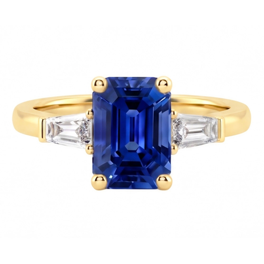 Natural Real ( Not Lab Grown )  Yellow Gold Three Stone Ring Emerald Blue Sapphire 2.50 Carats