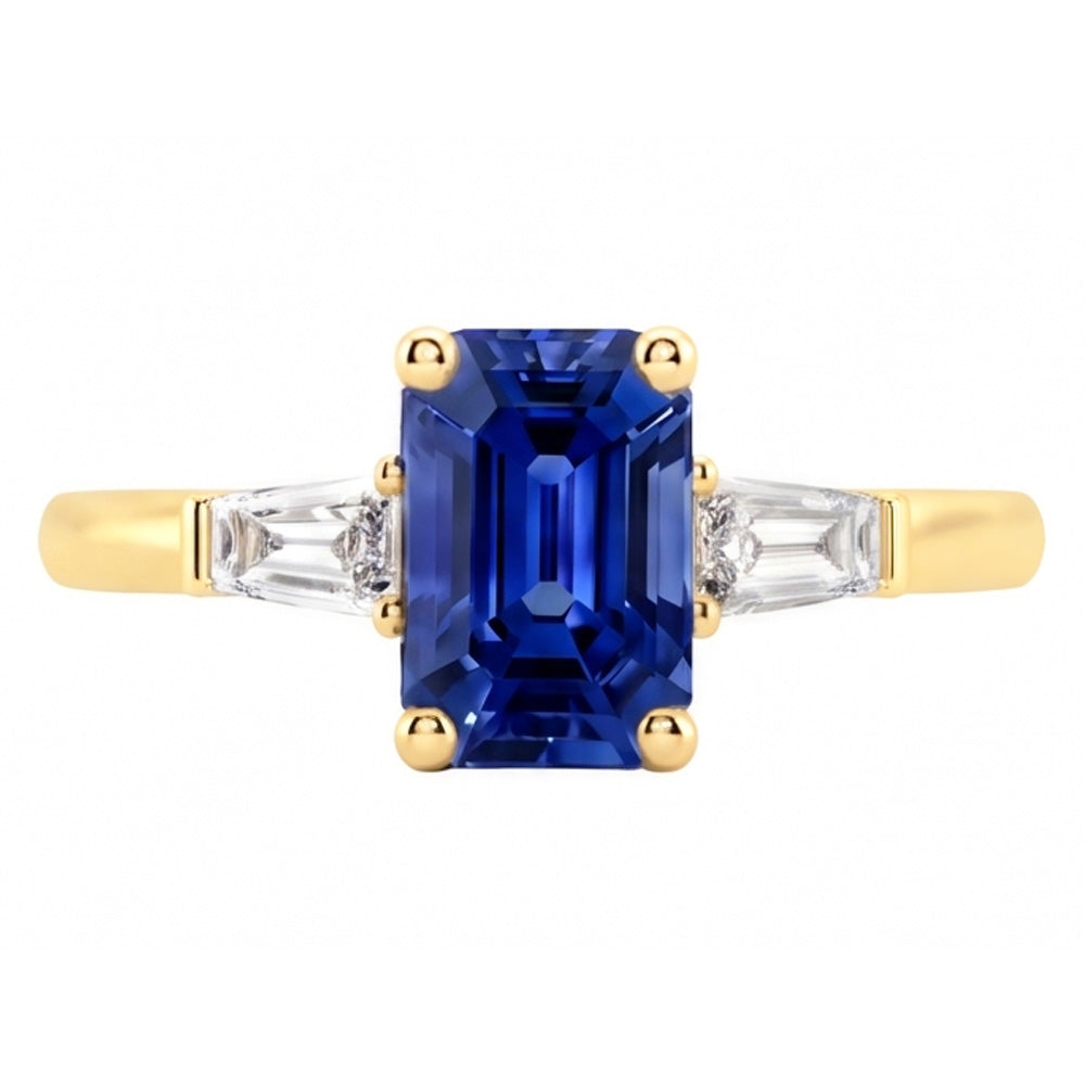 Natural Real ( Not Lab Grown )  Yellow Gold Three Stone Ring Emerald Blue Sapphire 2.50 Carats