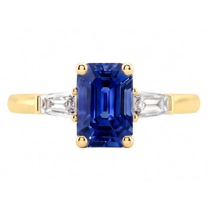 Natural Real ( Not Lab Grown )  Yellow Gold Three Stone Ring Emerald Blue Sapphire 2.50 Carats
