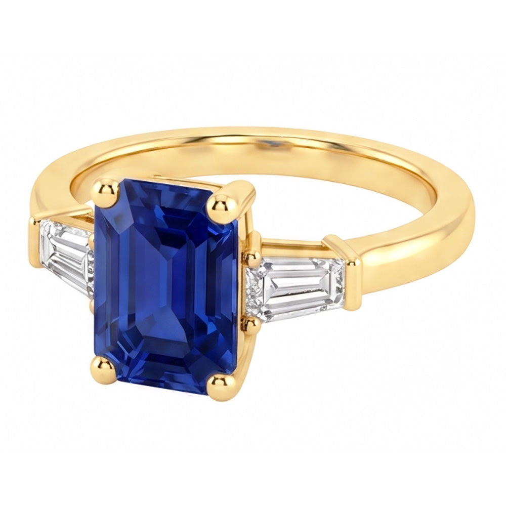 Natural Real ( Not Lab Grown )  Yellow Gold Three Stone Ring Emerald Blue Sapphire 2.50 Carats
