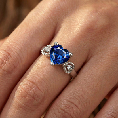 Natural Earth Mined Diamond 3 Stone Engagement Ring Heart Blue Sapphire 2.25 Carats