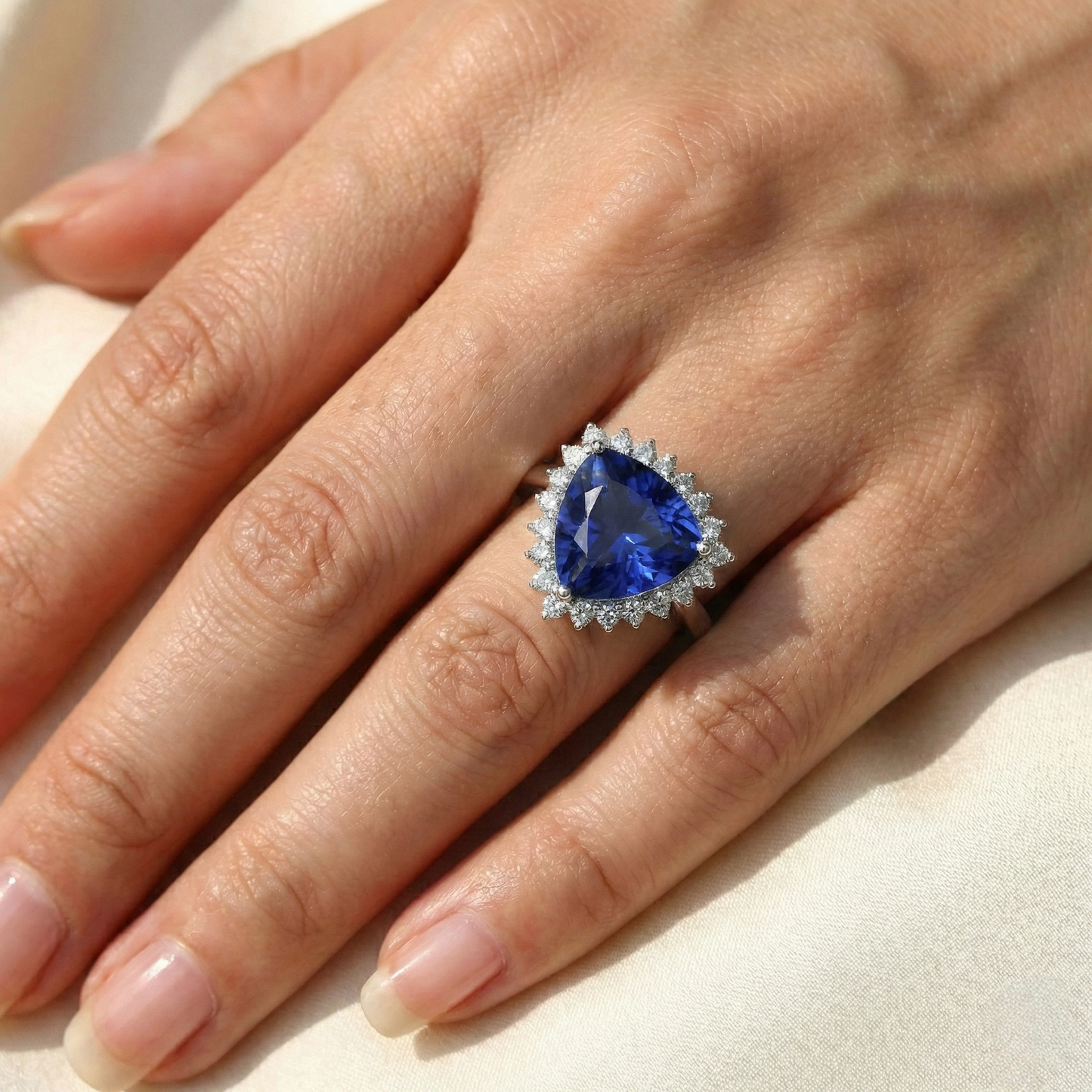 Natural Earth Mined Diamond Halo Trillion Gemstone Ring 3.50 Carats Ceylon Blue Sapphire