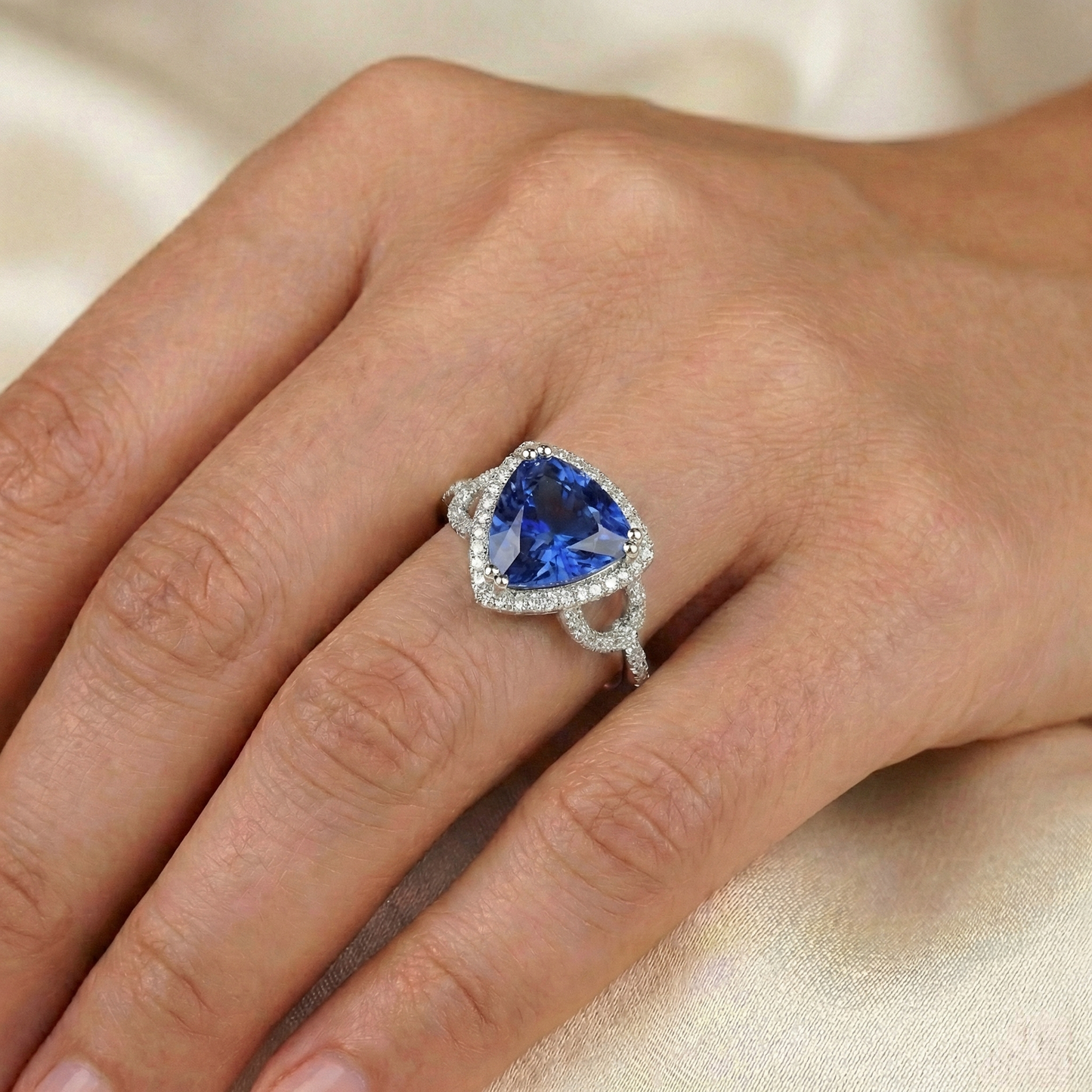 Natural Earth Mined Diamond Halo Trillion Srilanka Sapphire Ring 3 Carats Accented Jewelry