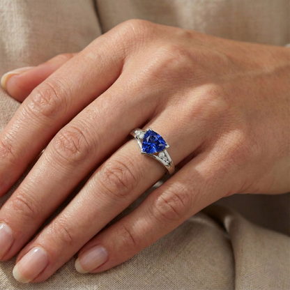Natural Earth Mined Diamond Jewelry Trillion Blue Sapphire Ring 1.25 Carats 5 Stone Style