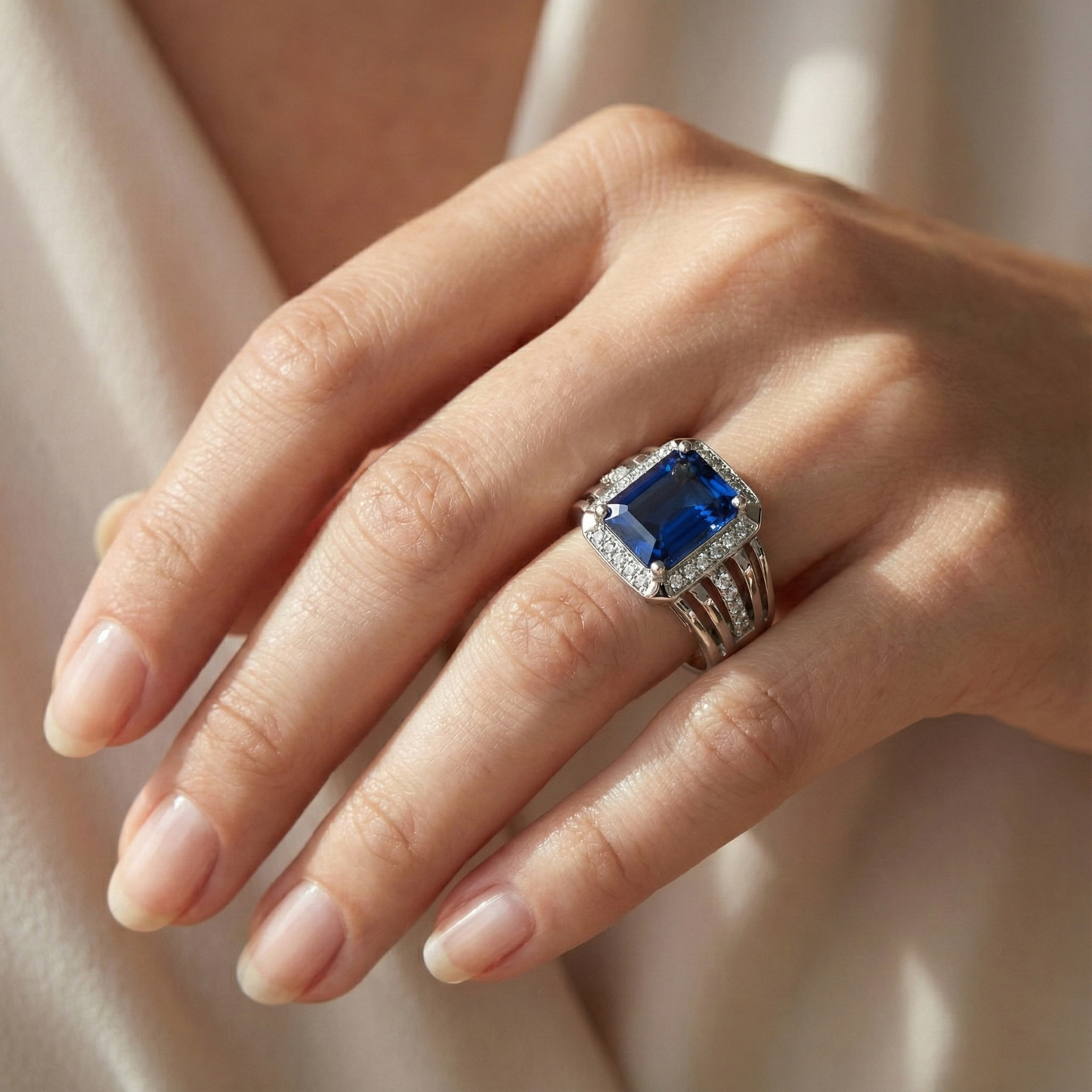 Natural Earth Mined Diamond Men’s Ring Emerald Cut Blue Sapphire With Accents 3.50 Carats
