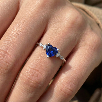 Natural Earth Mined Diamond Ring Heart Blue Sapphire 5 Stone 1.25 Carats Gold Jewelry
