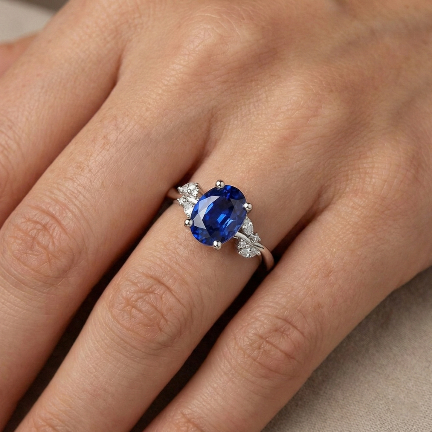 Natural Earth Mined Diamond Ring Oval Blue Sapphire With Marquise & Round Stones 4 Carats